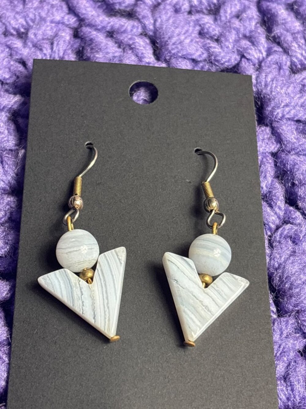 Blue Lace Agate Stone Dangle Earrings Silvertone Hooks 1 inch